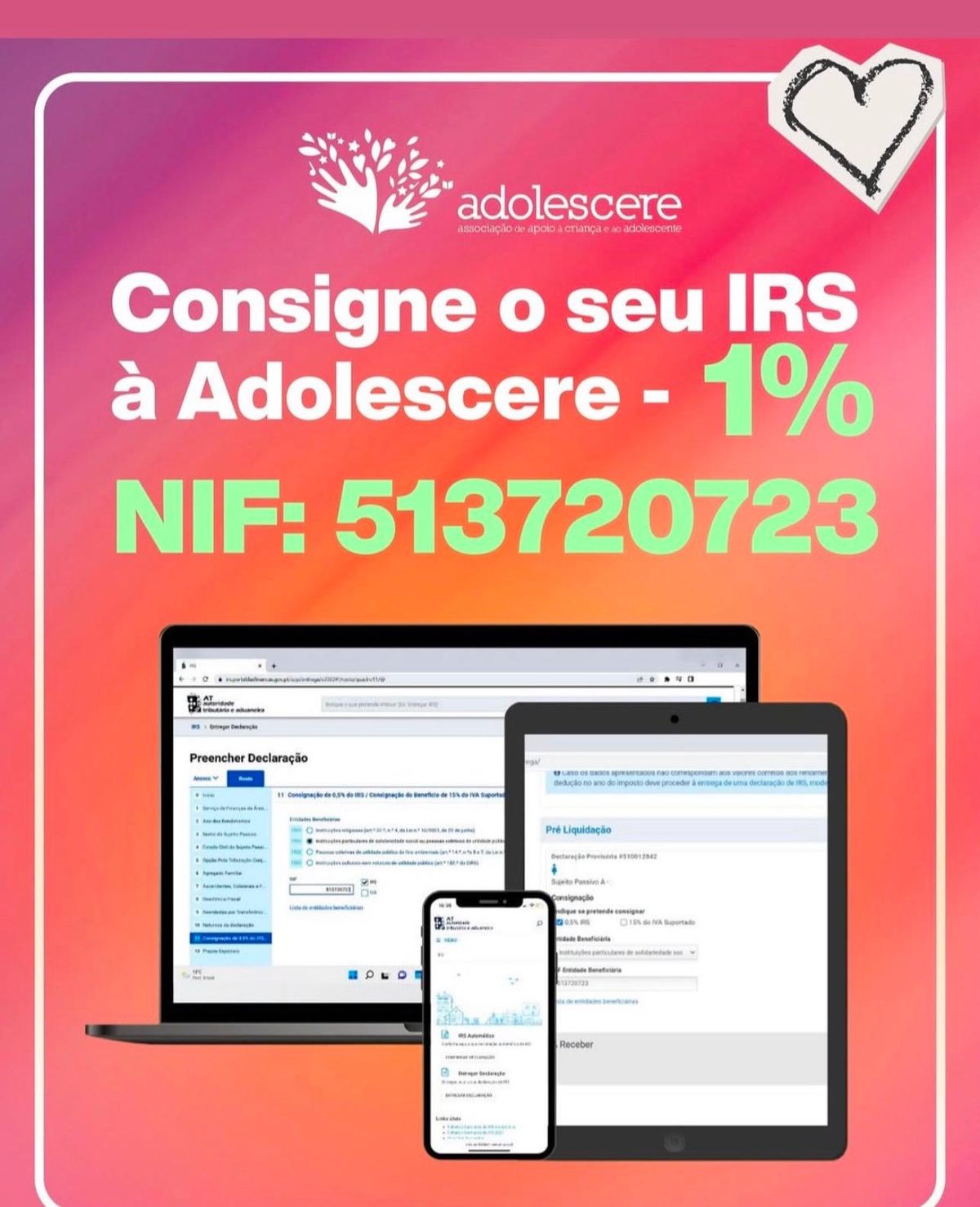 Cartaz da Adolescere: consigne 1% do seu IRS à Adolescere, NIF 513720723